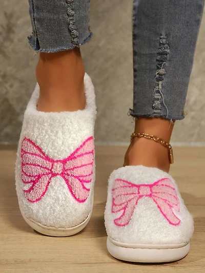 Pink Bow Plush Slippers