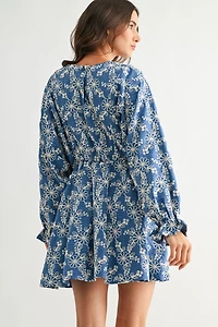 Blue Embroidered Long Sleeve Mini Dress