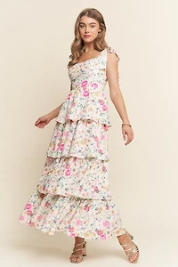 Pink Floral Tiered Empire Dress