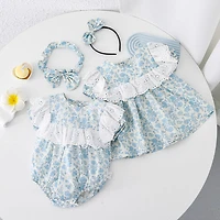 Blue Floral Baby Girl Romper w/ Headband