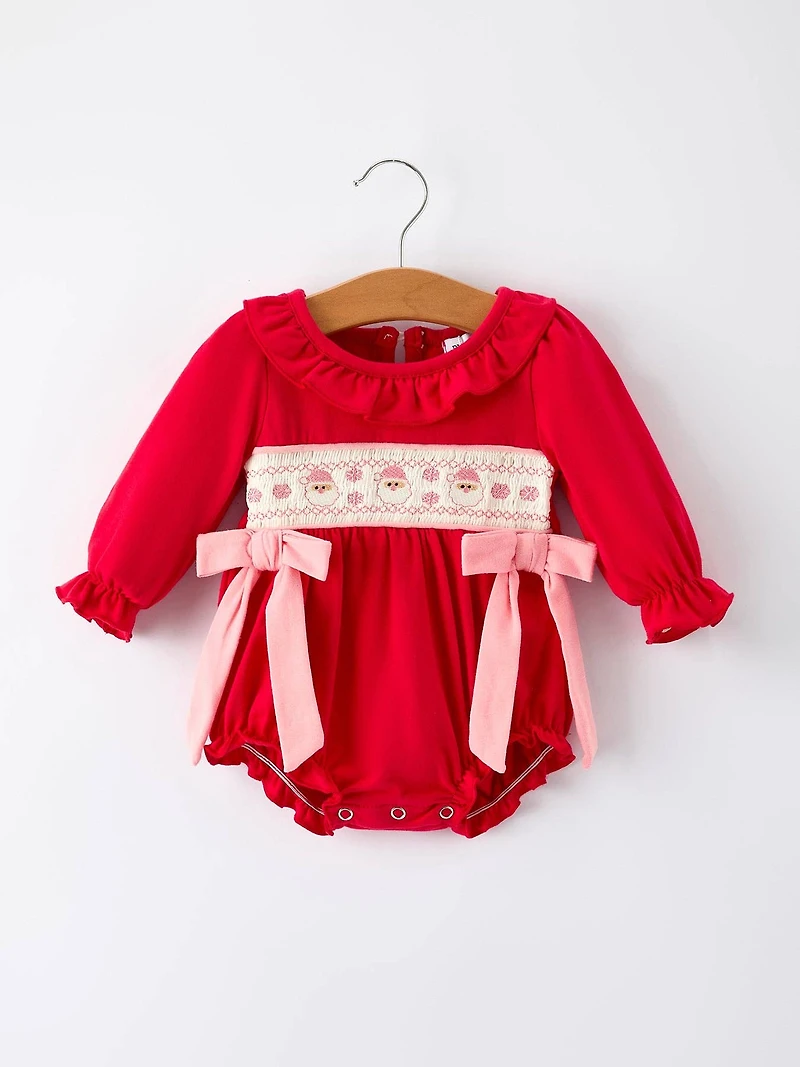 Christmas Smocked Embroidery Baby Girls Romper with Pink Ribbon Ties