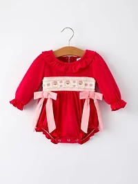 Christmas Smocked Embroidery Baby Girls Romper with Pink Ribbon Ties