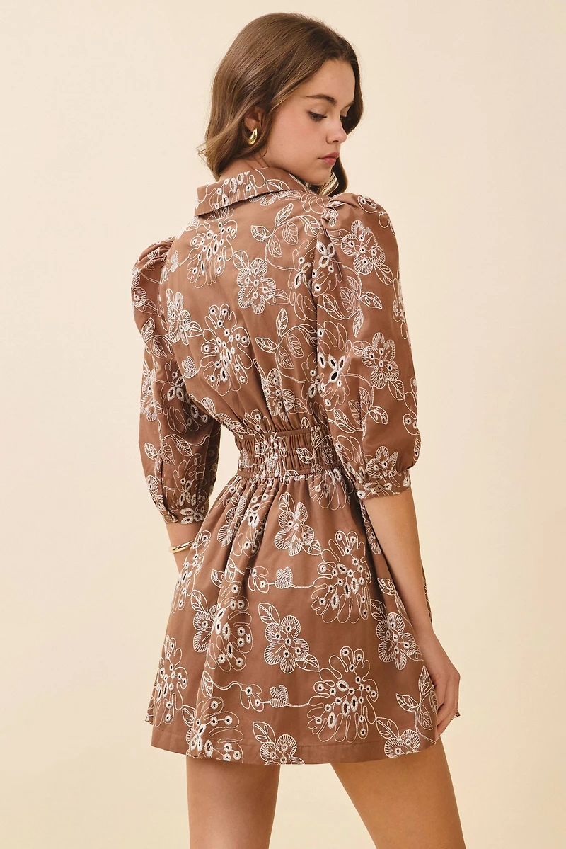 Brown Floral Eyelet Collared Dress