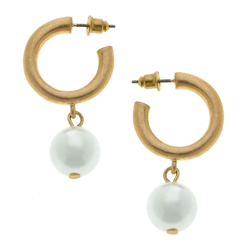 Beth Pearl Drop Hoop Earrings in Ivory