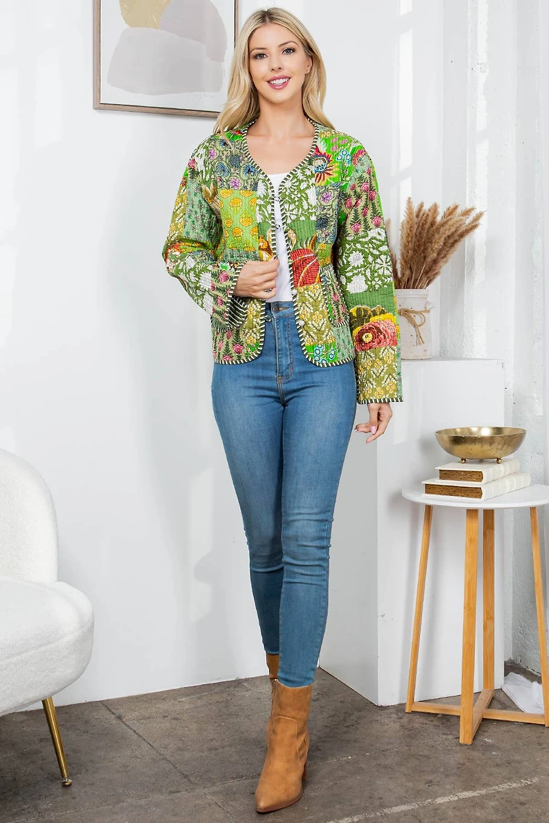 Green Floral Quilted Patch Reversible Jacket