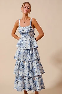 Blue Floral Print Tiered Maxi Dress