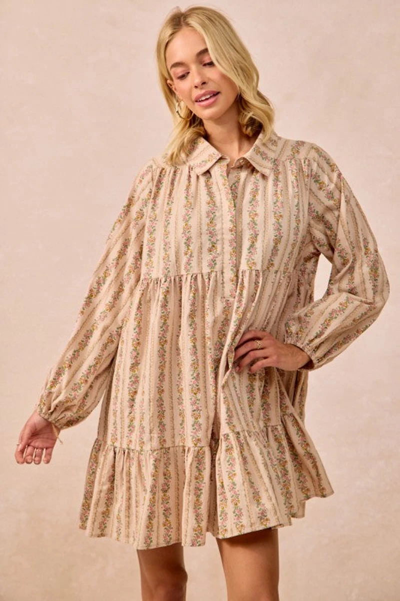 Cream Floral Print Buttoned Shirt Dress