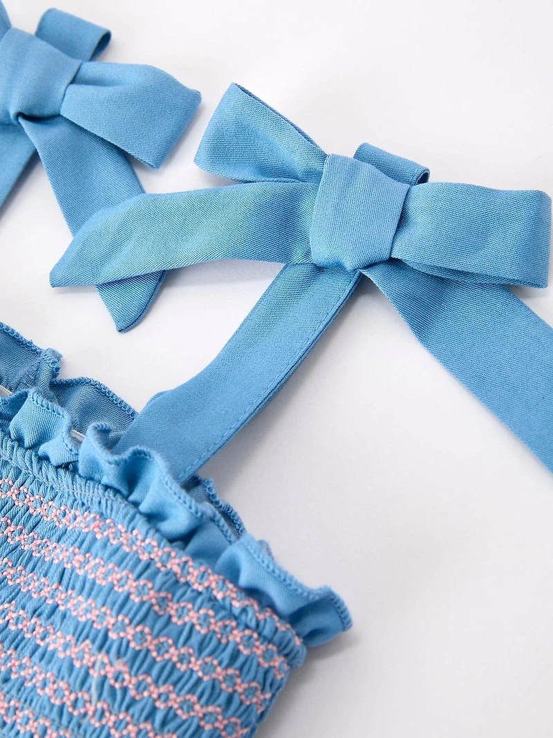 Bow Baby Romper Smocked Strap Bubble