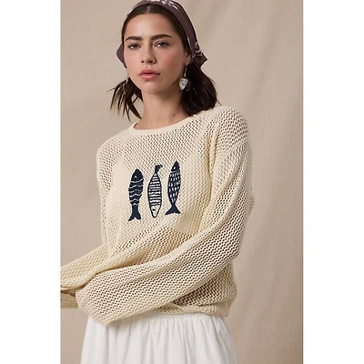 Cream Fish Trio Open Knit Sweater