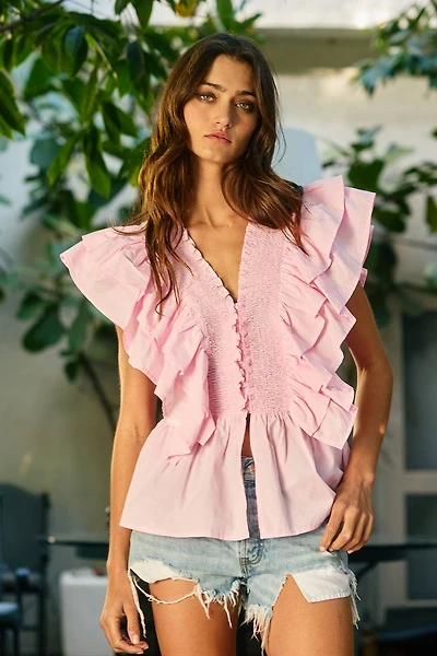 Pink Ruffle Smocked Peplum Blouse