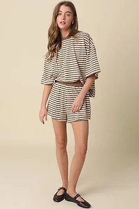 Brown & Cream Striped Elastic-Waist Shorts