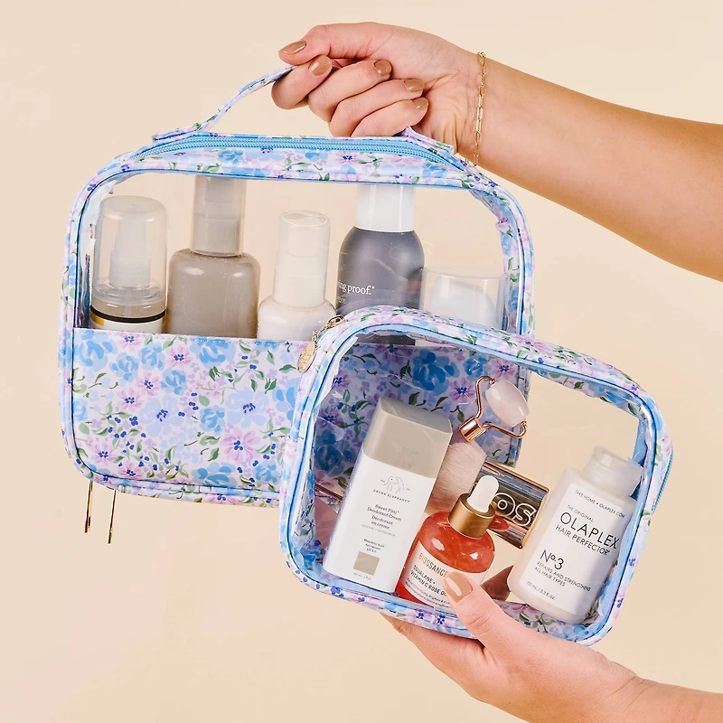 Blue Floral Clear Cosmetic Bag Set