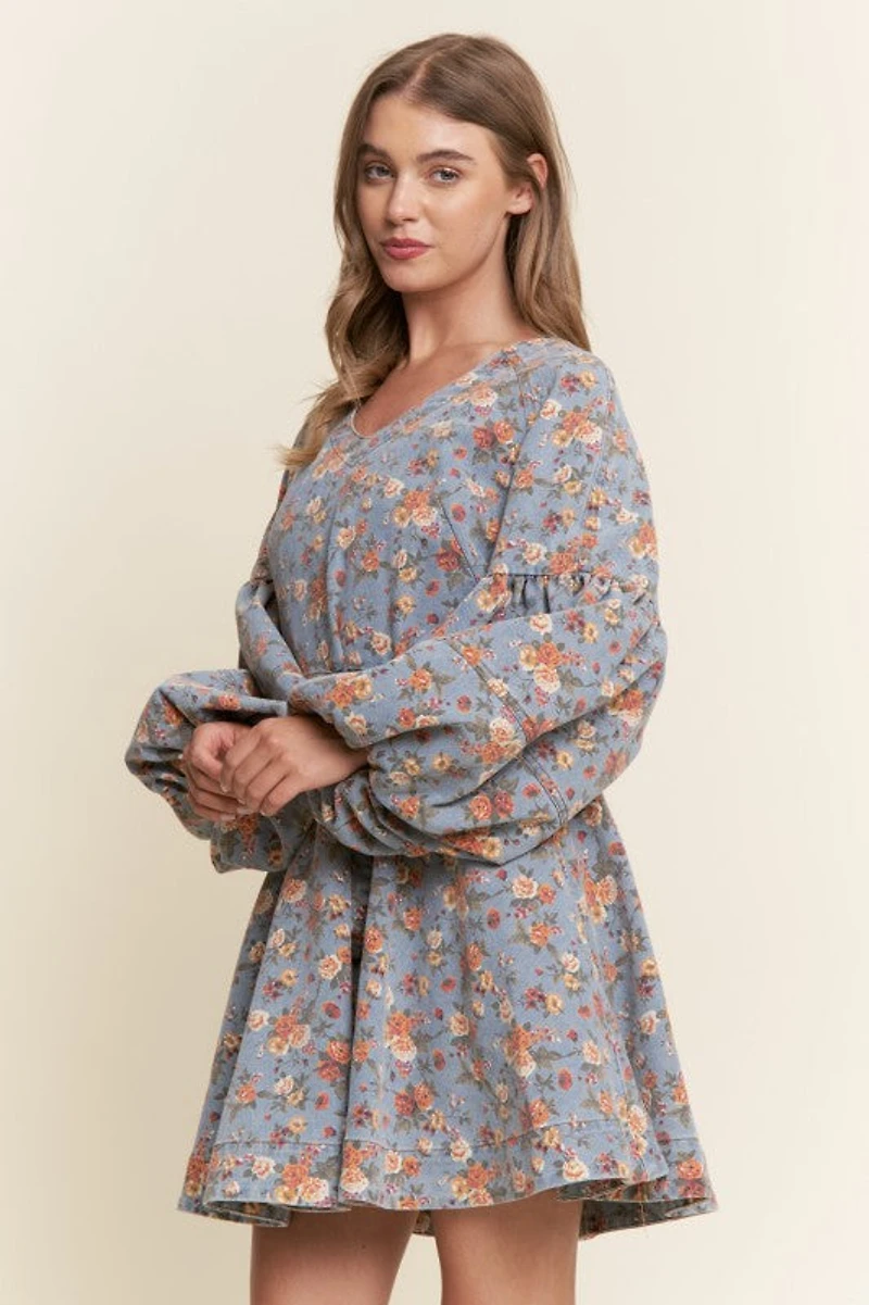 Floral Print Balloon Sleeve Denim Dress
