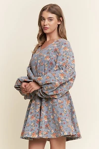 Floral Print Balloon Sleeve Denim Dress