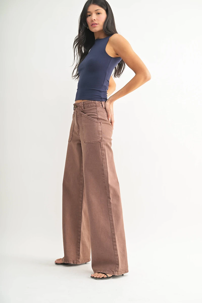 Brown Patch Pocket Wide Leg Flare