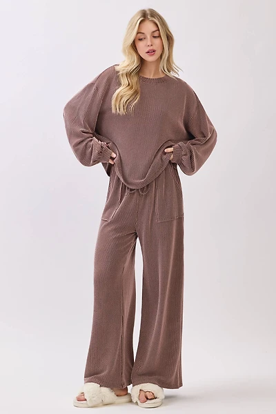 Brown Ribbed Knit Top and Wide Leg Pants Set