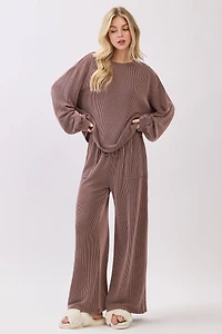 Brown Ribbed Knit Top and Wide Leg Pants Set
