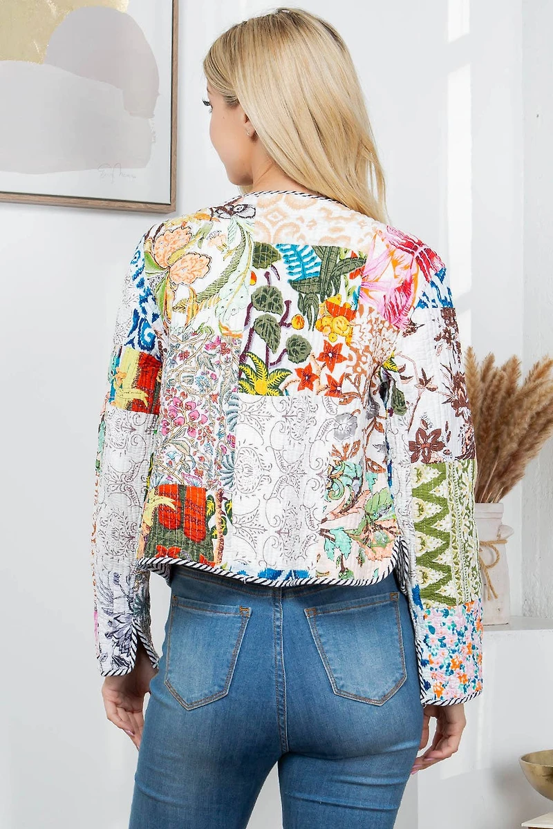 White Floral Print Quilted Patch Reversible Jacket