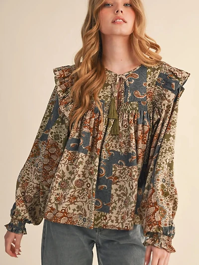 Teal Patchwork Print Smocked Ruffle Blouse