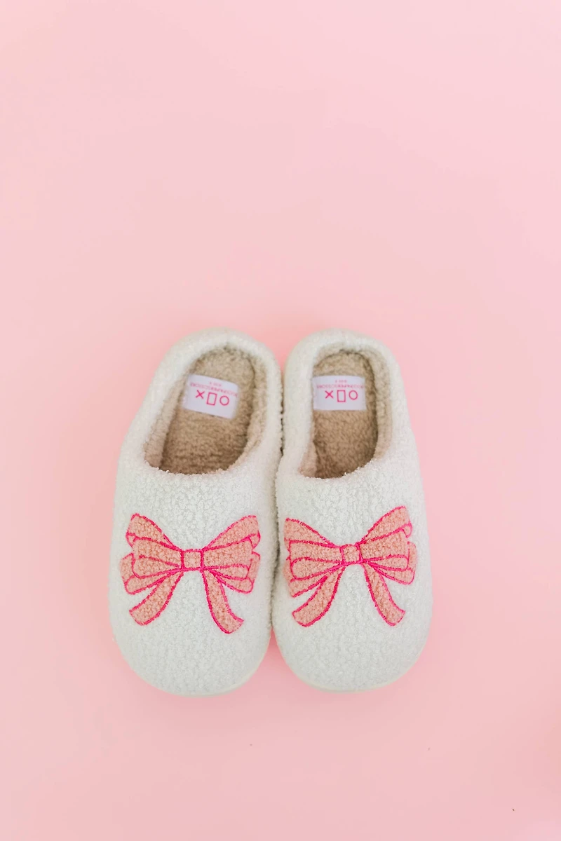 Fuzzy Plush Slippers with Pink Bow