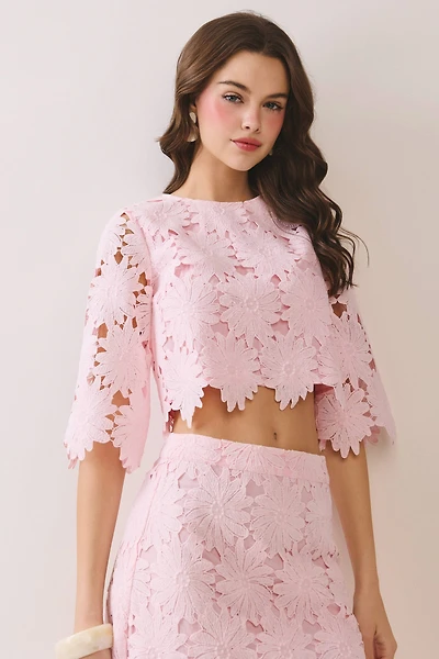 Pink Floral Lace Cropped Top