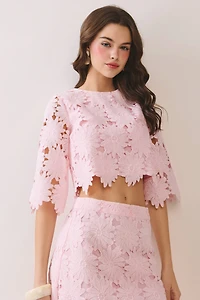 Pink Floral Lace Cropped Top