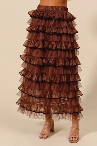 Brown Layered Ruffle Maxi Skirt