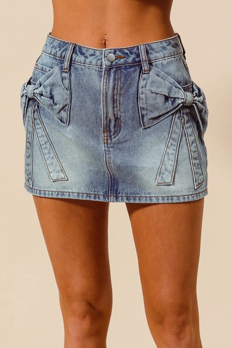 Bow Knot Pocket Denim Mini Skirt
