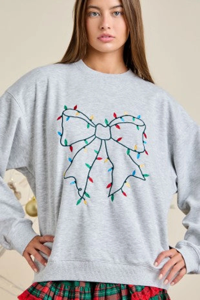 Christmas Bow Lights Embroidery Crewneck