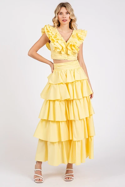 Lemon Yellow Ruffle Frill Skirts Set