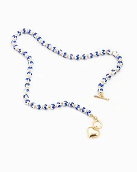 Blue Ceramic Bead Puffy Heart Toggle Necklace