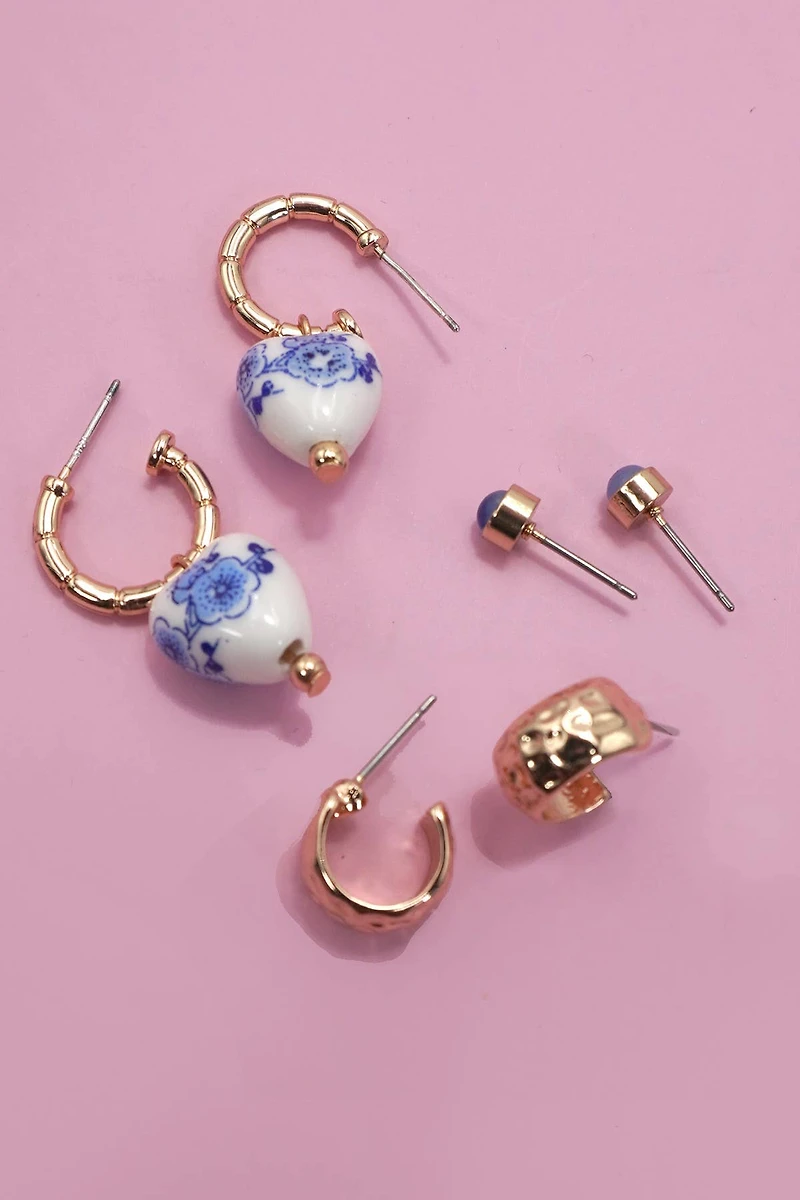BLUE CERAMIC PORCELAIN TRIO HUGGIE HOOP EARRINGS