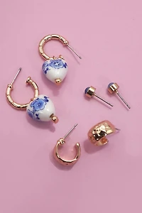 BLUE CERAMIC PORCELAIN TRIO HUGGIE HOOP EARRINGS