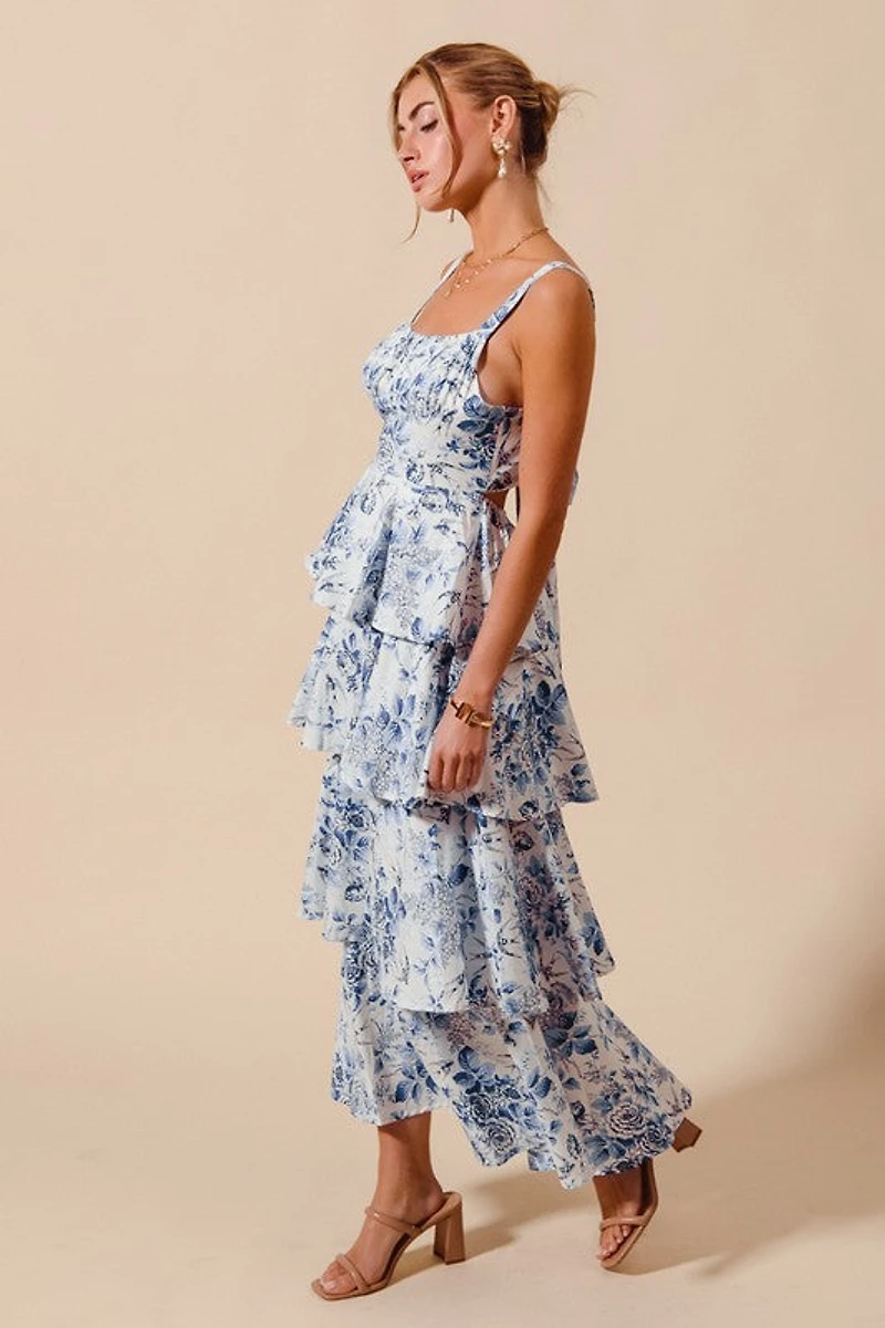Blue Floral Print Tiered Maxi Dress