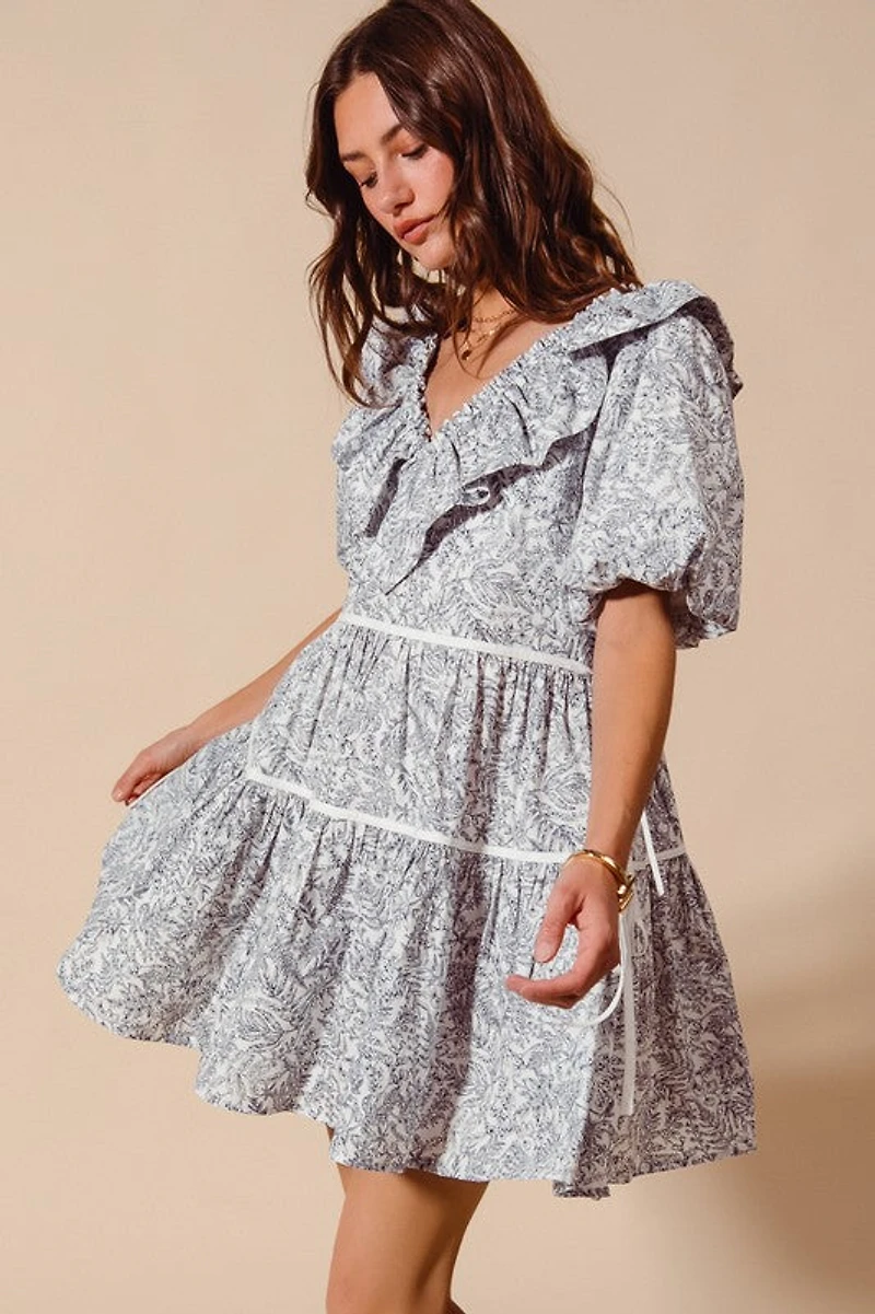 Off White & Navy Printed Ruffle V-Neckline Dress