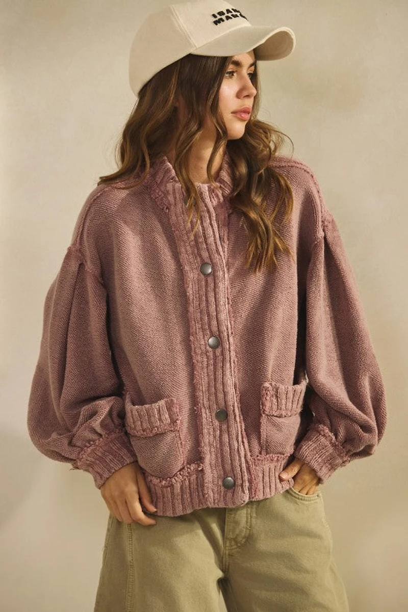 Mauve Washed Trim Cardigan Jacket