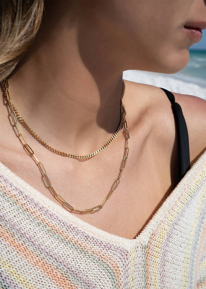 18K Gold Stainless Steel and Paperclip Layered Chain Necklace