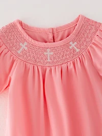 Pink Smocking Embroidered Crucifix Girls