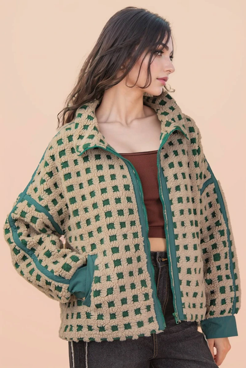 Gray & Green Oversized Checker Fleece Jacket