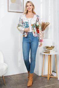 White Floral Print Quilted Patch Reversible Jacket