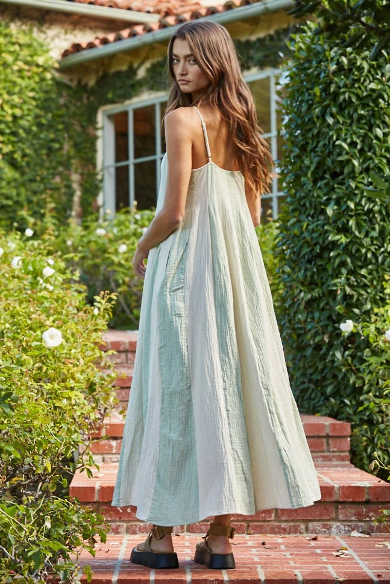 White Striped Cami Pintuck Midi Dress