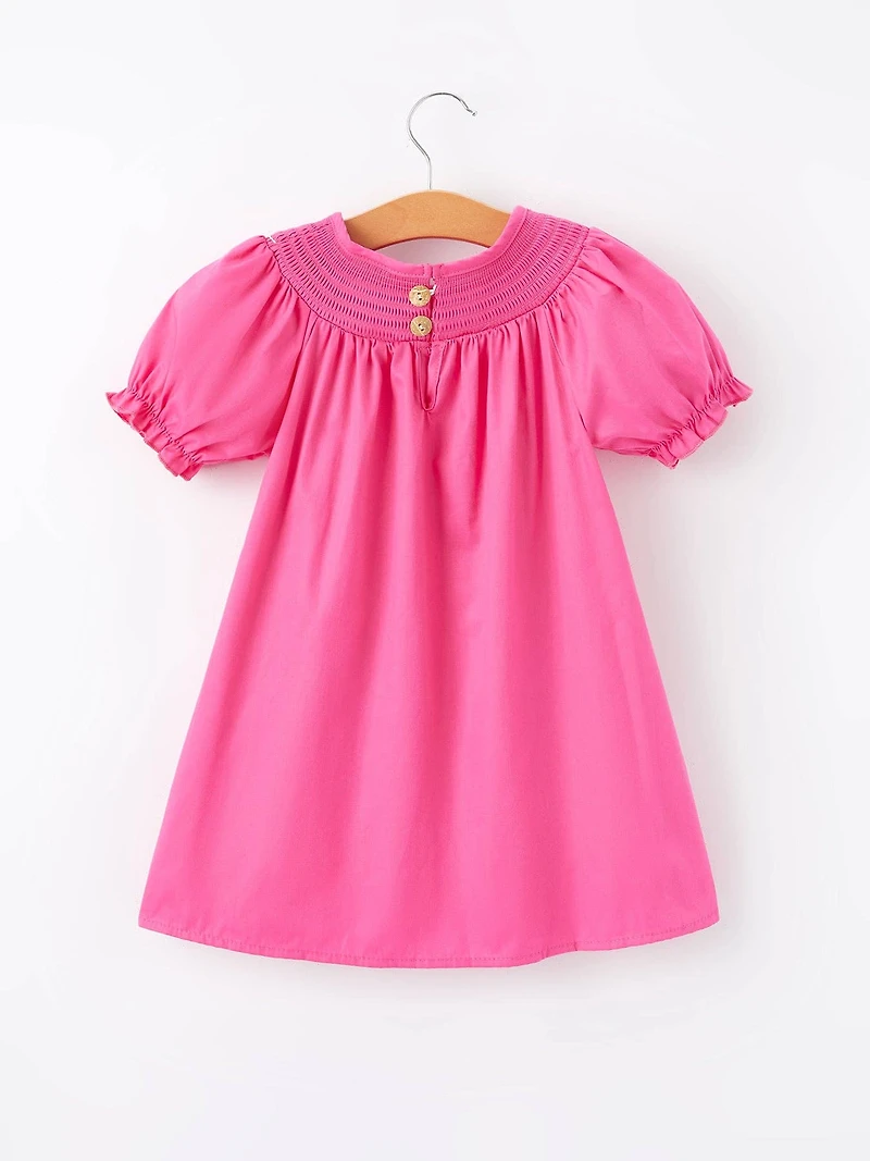 Girls Bow Smocking Embroidery Hot Pink