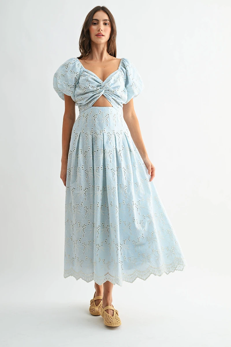 Blue Eyelet Puff Sleeve Maxi Dress