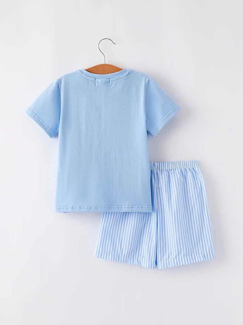 "I Love MOMMY" Embroidery Smocking Baby Boys Striped Shorts Set