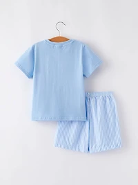 "I Love MOMMY" Embroidery Smocking Baby Boys Striped Shorts Set