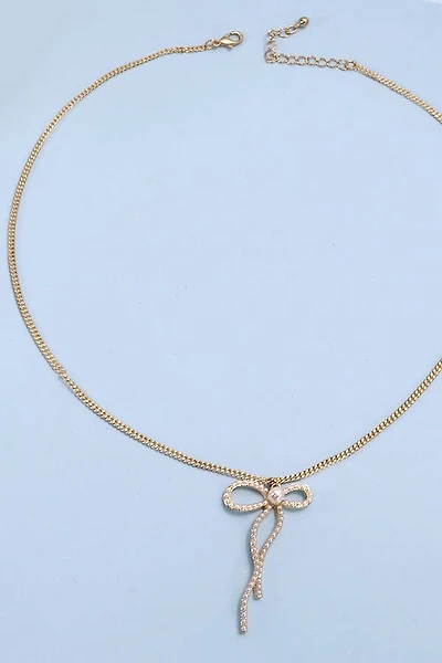 PEARL EMBELLISHED BOW PENDANT NECKLACE | 31N24080: Gold
