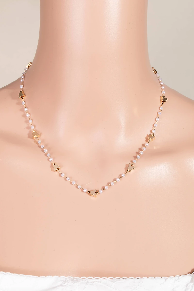 Butterfly And Pearl Beaded Station Chain Necklace