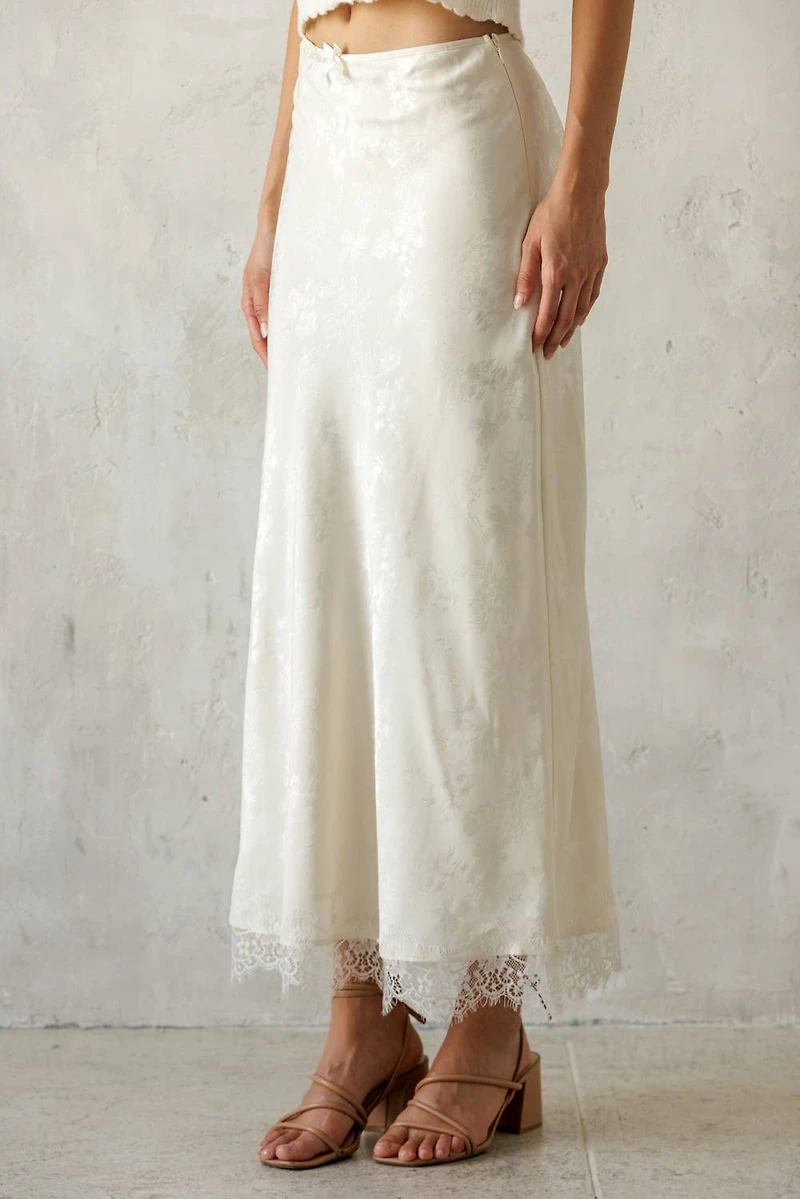Ivory Satin Lace Trim Midi Skirt