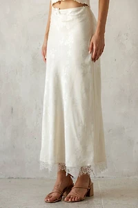 Ivory Satin Lace Trim Midi Skirt