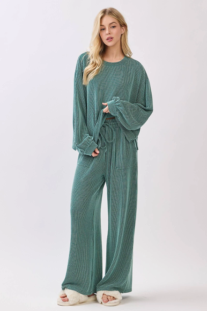 Teal Ribbed Knit Top and Wide Leg Pants Set